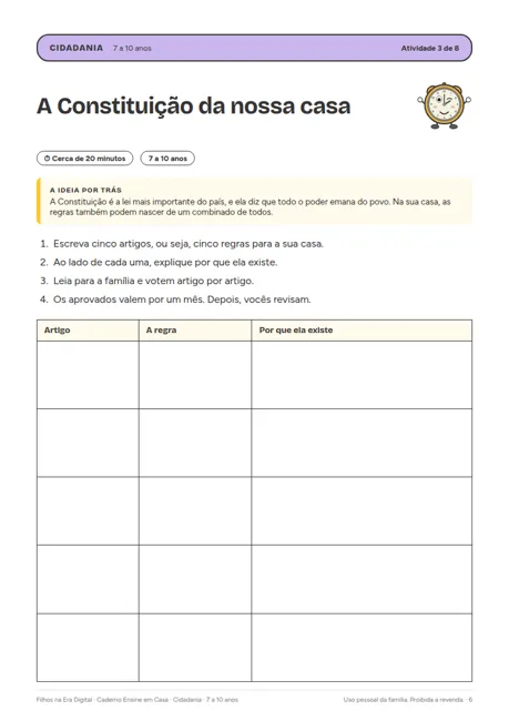 Página de atividade do caderno Cidadania